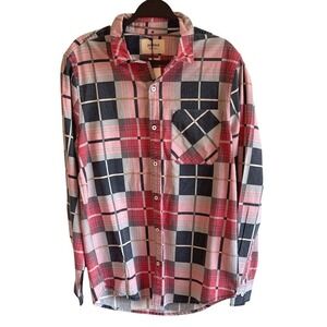 Printed Quality Shirts 100% Cotton Plaid Button-Down Shirt Red Navy Medium NWT
